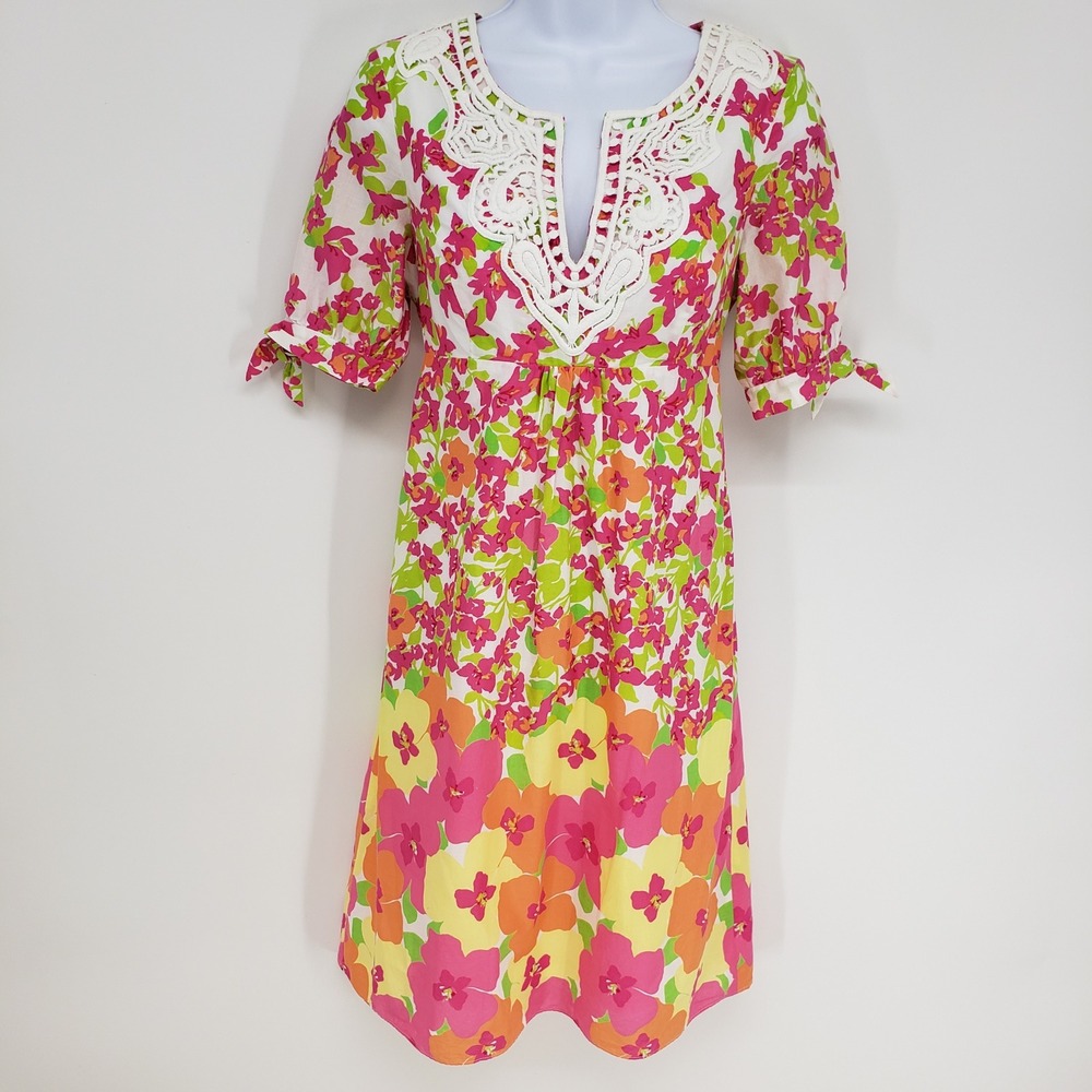 Lilly Pulitzer Floral Mini Dress Womens 0 Y2K Pink Crochet Lace Short Sleeve